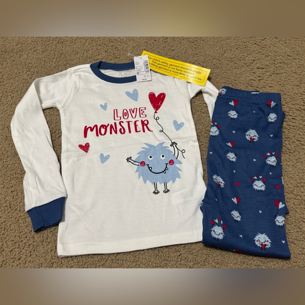New with Tags - Love Monster Pajama Set 4T - Children’s Place White and Blue